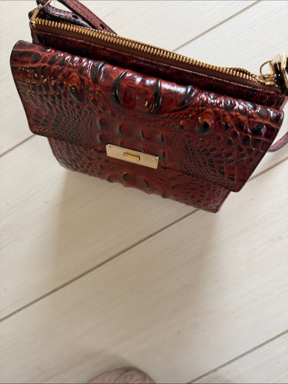 Brahmin Croc-Embossed Crossbody in Deep Chestnut Brown with Gold Hardware - Picture 2 of 3